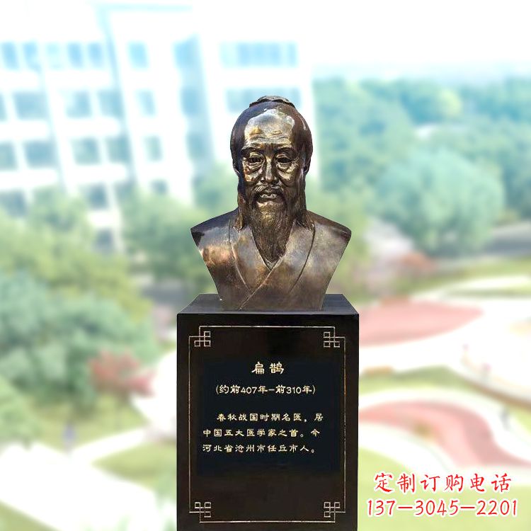 江西玻璃钢扁鹊头像雕塑-仿铜历史名人著名医生半身像雕塑