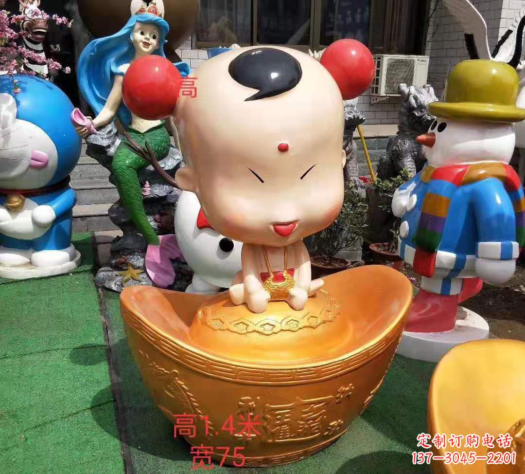 江西玻璃钢卡通元宝娃娃雕塑招财人物摆件