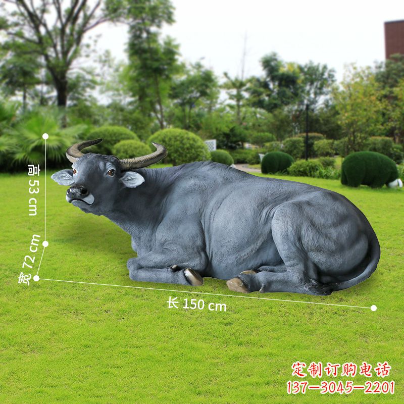 江西玻璃钢卧姿水牛仿真动物雕塑