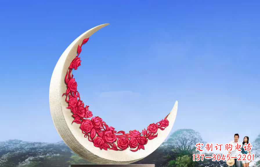 江西不锈钢广场月亮雕塑月光下的璀璨美景