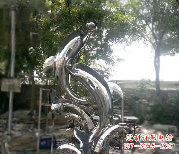 江西不锈钢海豚顶球雕塑