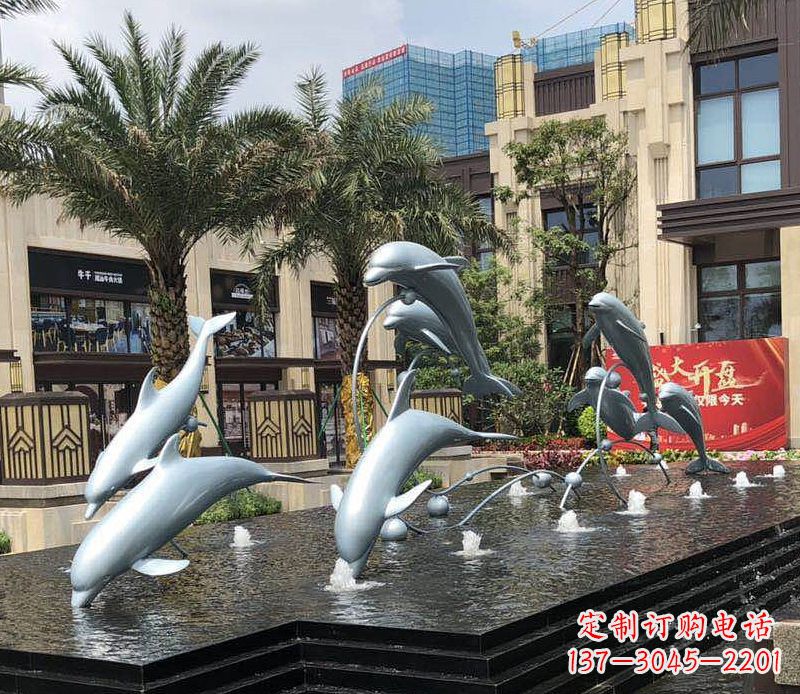 江西不锈钢海豚跳跃喷泉雕塑美丽的艺术装置