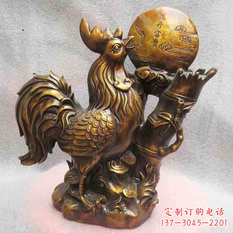 江西纯铜公鸡雕塑-花开富贵生肖动物摆件