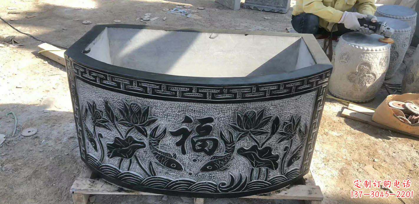 江西精致方口石浮雕水缸雕塑