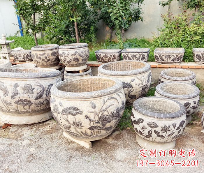江西仿古石雕鲤鱼浮雕水缸