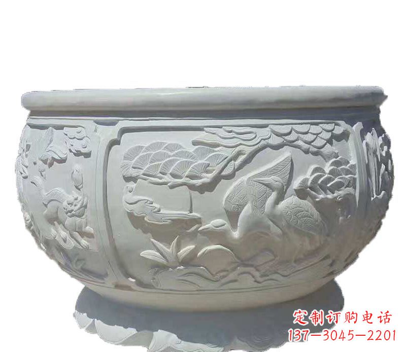 江西仿古鱼缸石雕花盆摆件