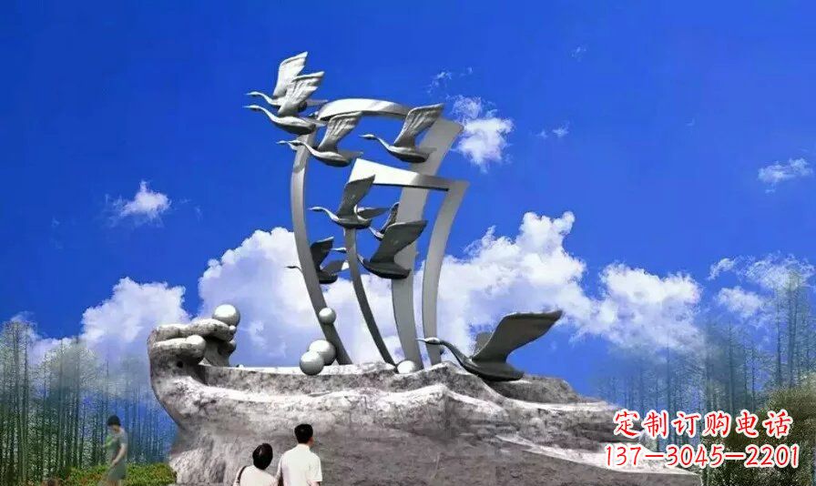 江西艺术家手工制作的不锈钢飞翔天鹅雕塑