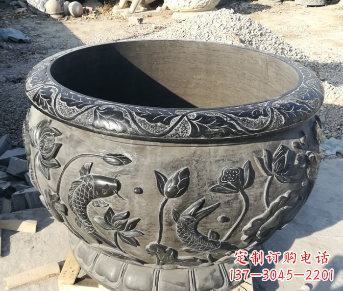 江西青石仿古雕塑荷花水缸