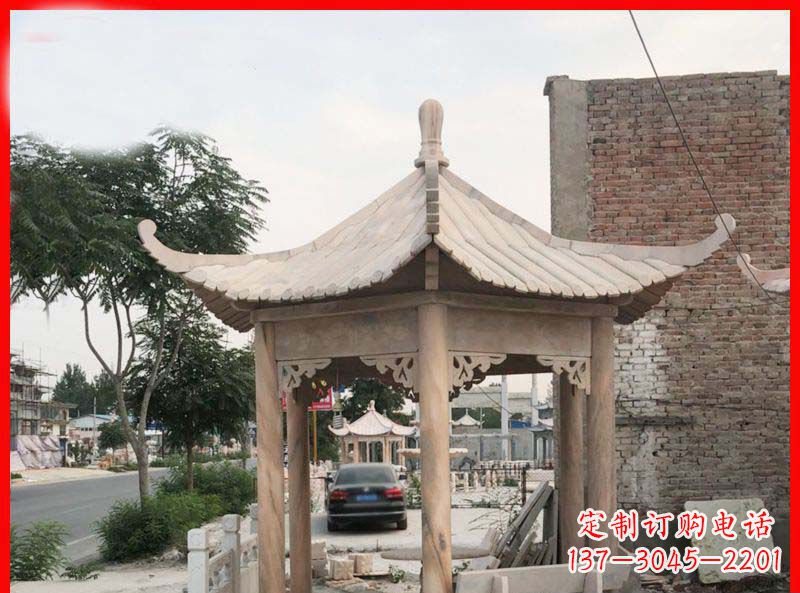 江西公园晚霞红六角石凉亭雕塑