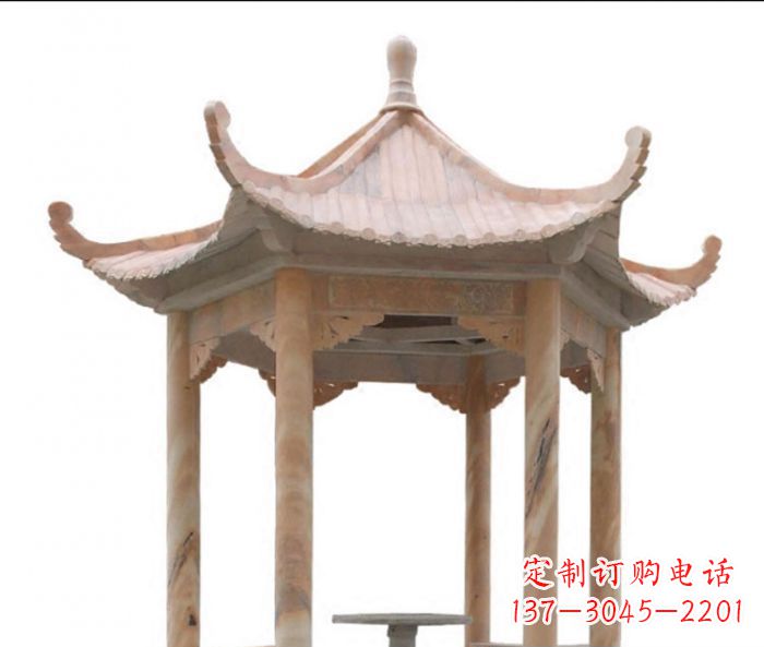 江西美丽而优雅的公园晚霞红六角石凉亭雕塑