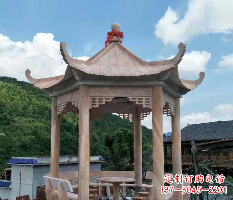 江西一流的公园晚霞红六角石雕凉亭