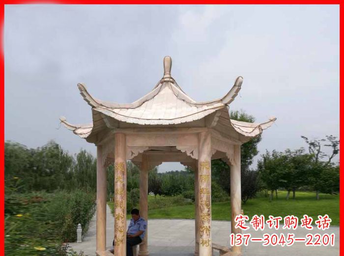 江西晚霞红六角石凉亭雕塑