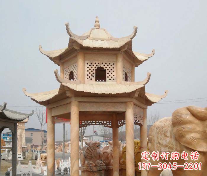 江西红双层六角石凉亭雕塑