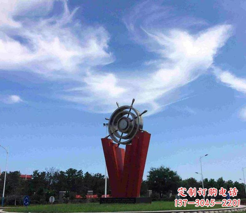 江西海上风情,精致大气的不锈钢船舵雕塑