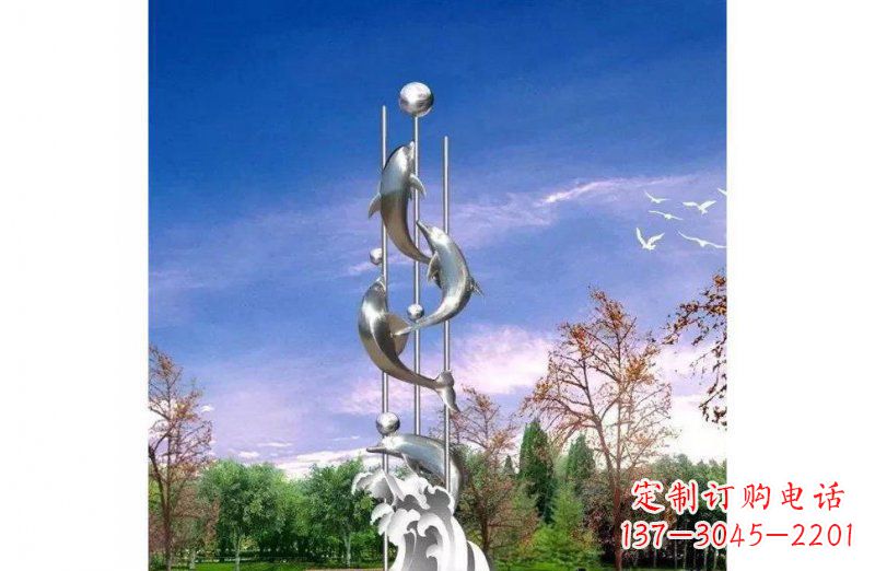 江西广场不锈钢海豚顶球观雕塑