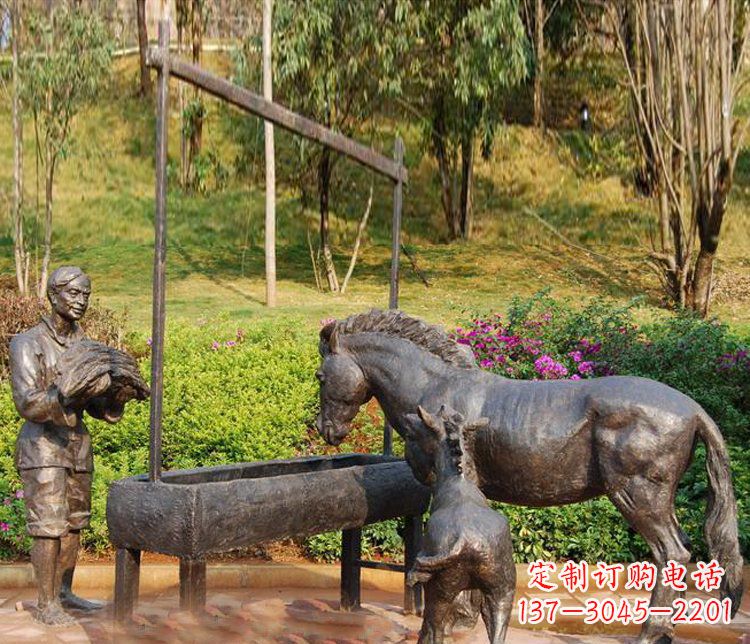 江西广场铜雕喂马动物雕塑