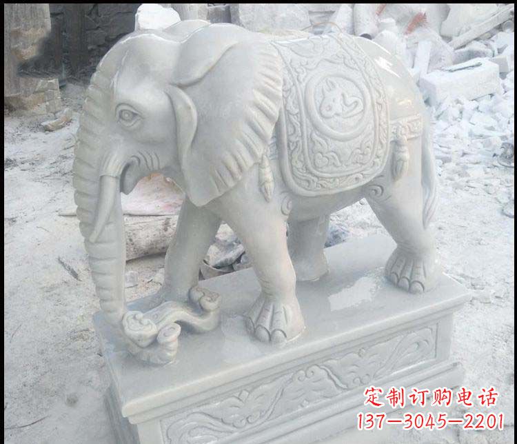江西精美汉白玉吉祥鼻卷如意大象雕塑