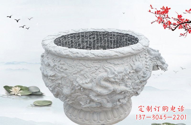 江西汉白玉龙浮雕水缸