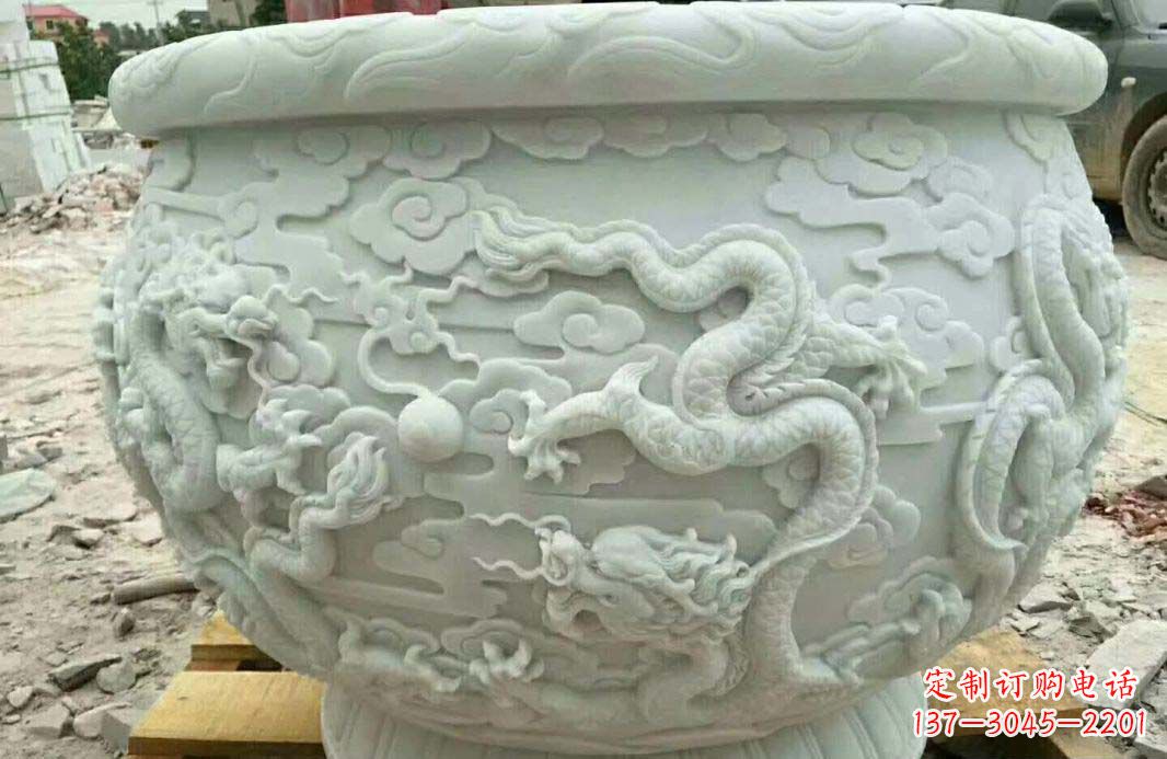 江西汉白玉龙浮雕水缸雕塑