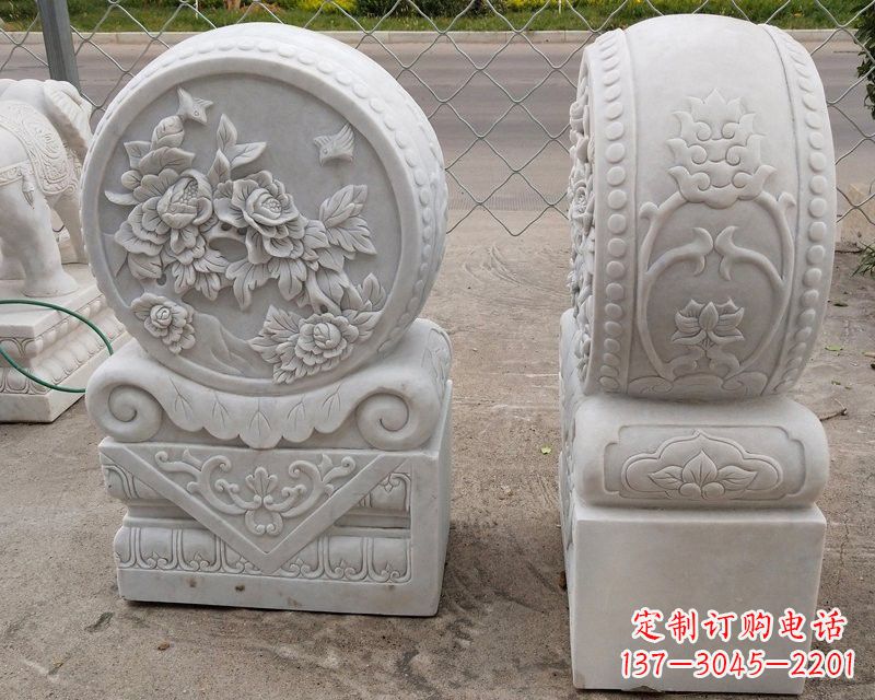 江西汉白玉牡丹花浮雕门墩