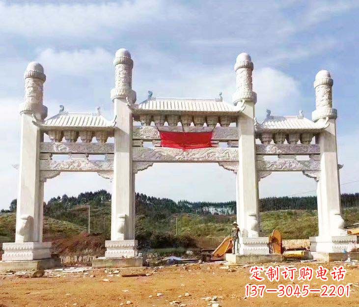 江西汉白玉三门牌坊石雕