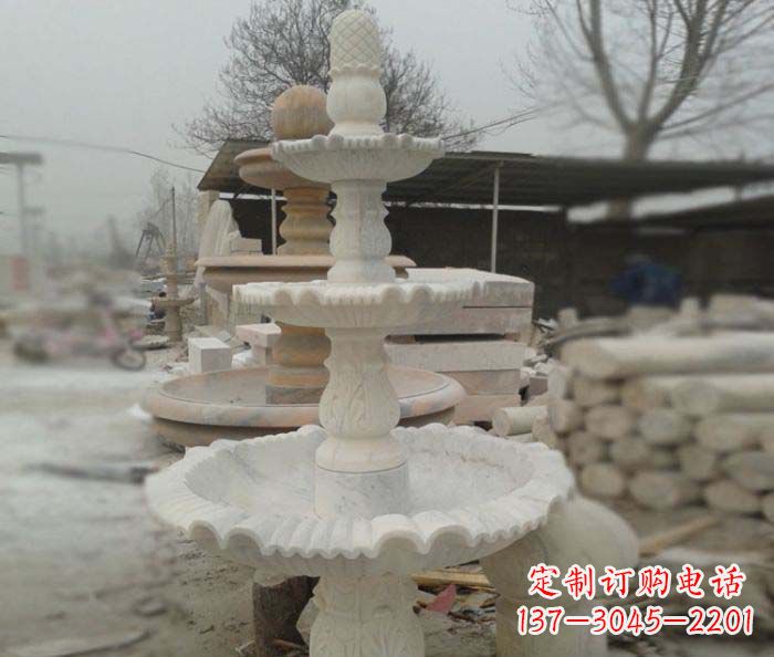 江西汉白玉三层别墅小型喷泉石雕
