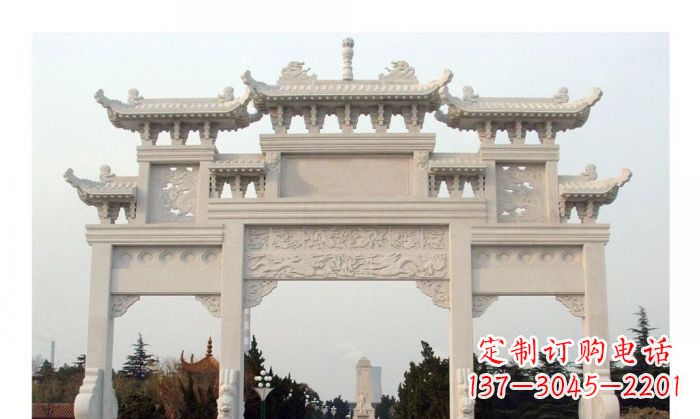 江西汉白玉三门石雕牌坊