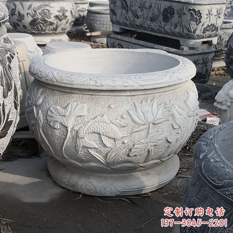江西中领雕塑汉白玉石鱼缸雕塑，是一种精美的装…