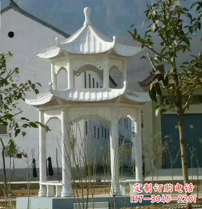 江西汉白玉双层凉亭石雕
