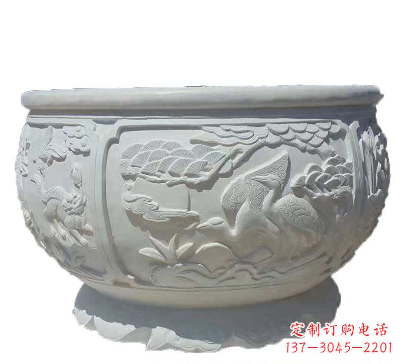 江西汉白玉松鹤延年浮雕水缸,带给您无尽的岁月美景
