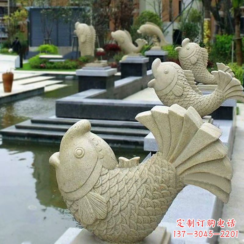 江西喷水鱼砂岩石雕-园林水池雕塑