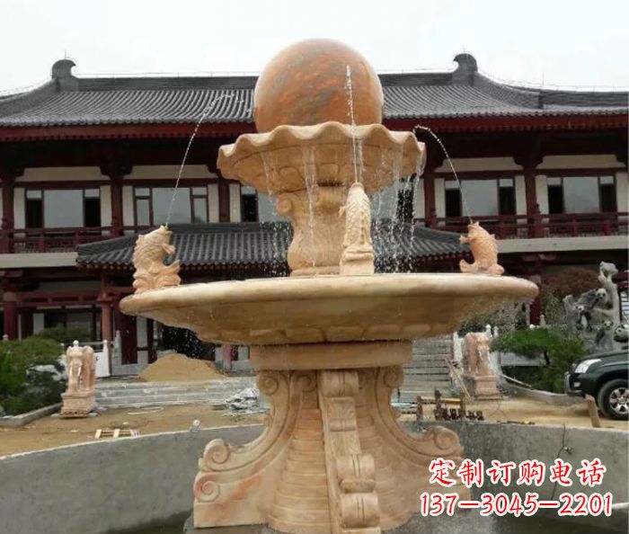 江西双层风水球喷泉晚霞红石雕