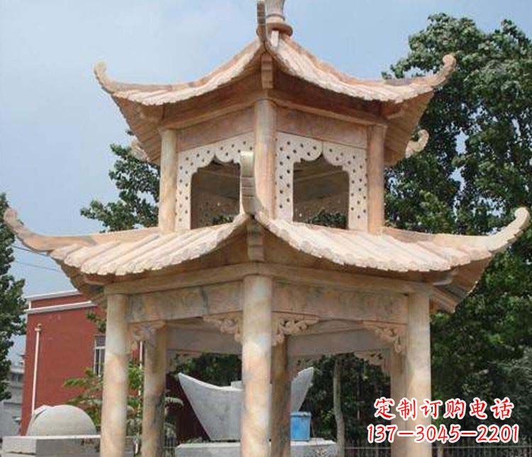 江西双层晚霞红凉亭石雕