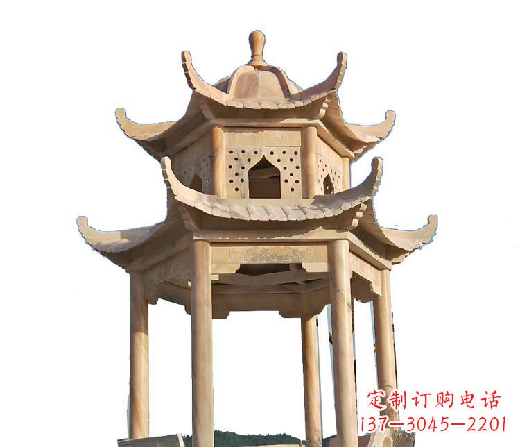 江西双层晚霞红凉亭石雕 (2)