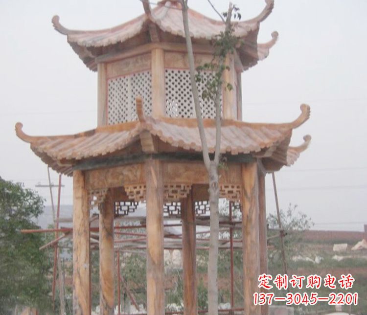 江西双层晚霞红石凉亭石雕 (2)