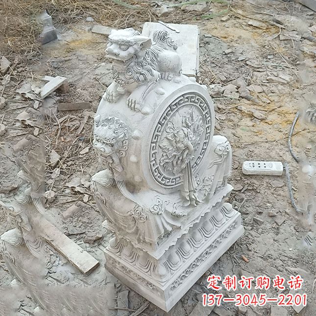 江西双龙石雕门墩汉白玉狮子头