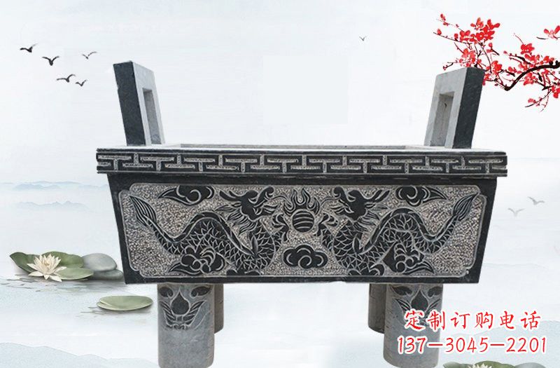 江西双龙戏珠浮雕石香炉