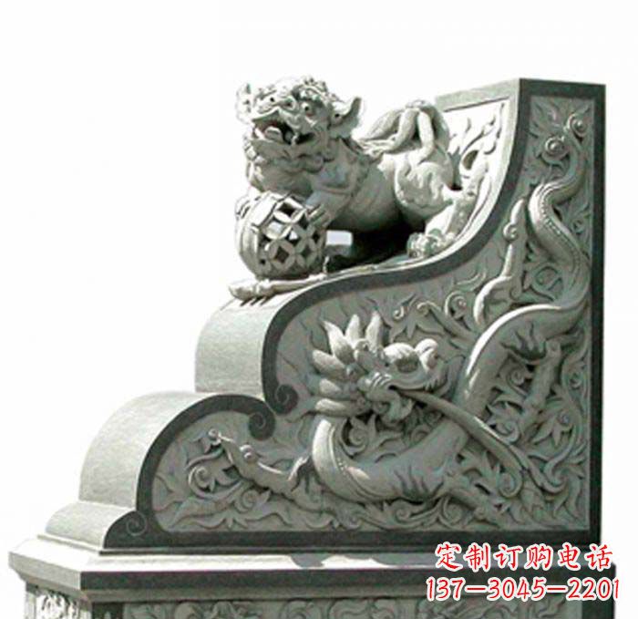 江西寺庙景观玩绣球狮子石雕门墩