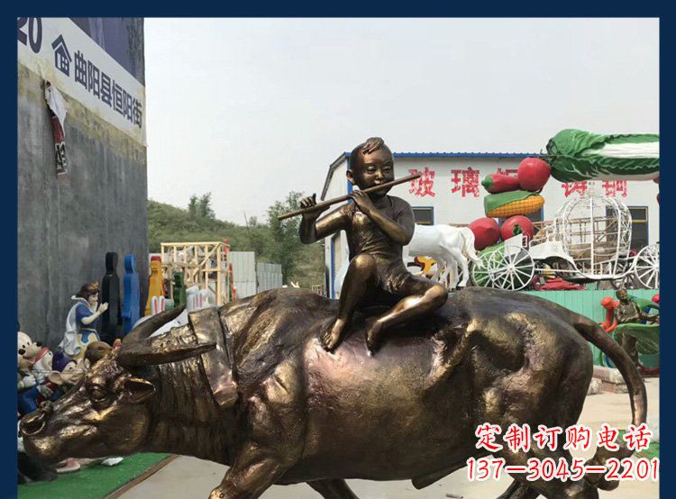 江西田园铜雕木头骑黄牛动物雕塑