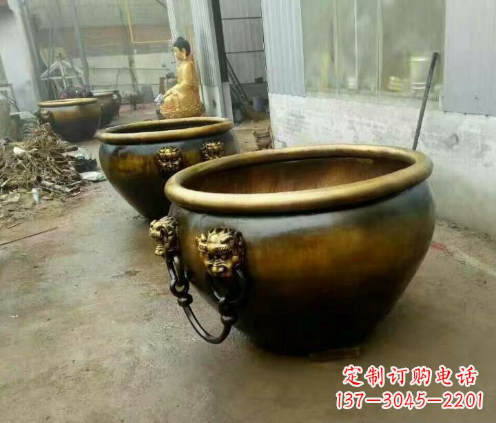 江西铜雕圆形荷花水缸雕塑 (2)