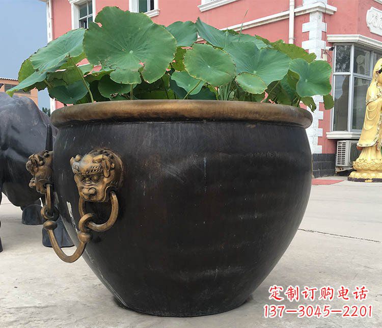 江西铜雕圆形荷花水缸雕塑 (3)