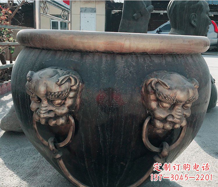 江西铜雕圆形荷花水缸雕塑 (6)