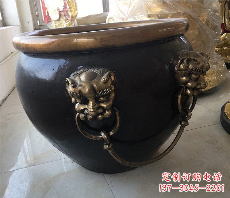江西铜雕圆形荷花水缸雕塑 (5)