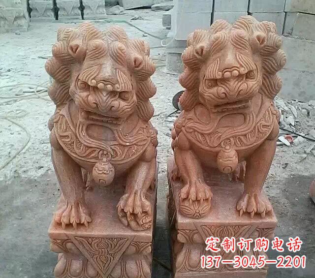 江西晚霞红传统狮子石雕