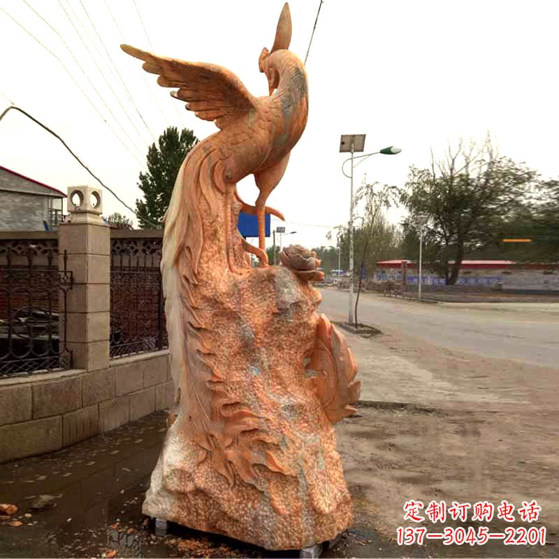 江西晚霞红大理石瑞鸟凤凰雕塑