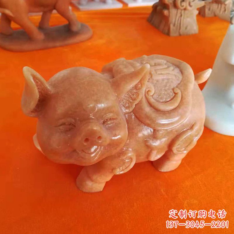江西晚霞红大理石招财猪雕塑-企业商场创意生肖动物风水摆件