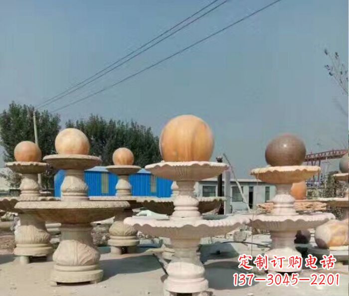 江西晚霞红多层风水球喷泉石雕