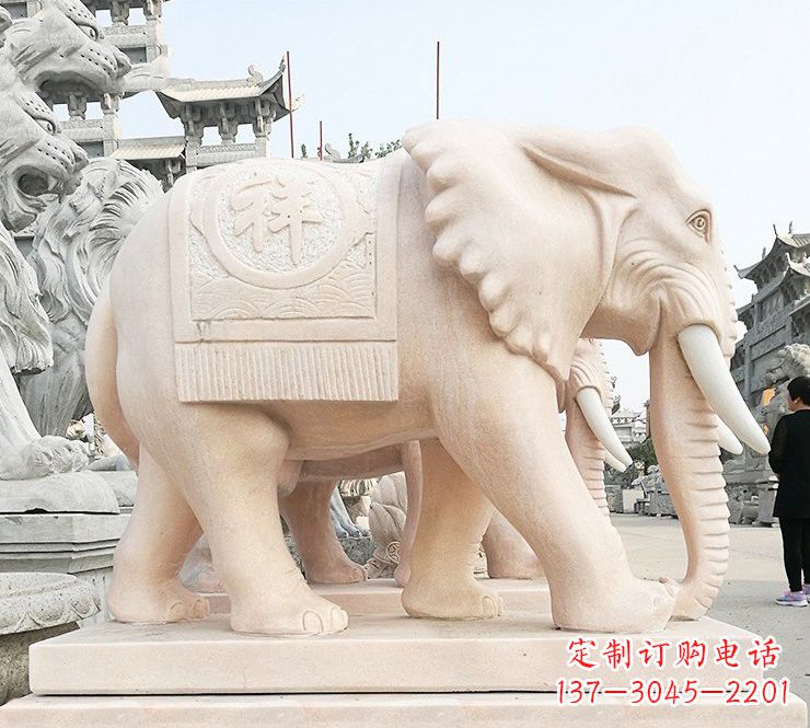 江西晚霞红吉祥如意大象石雕