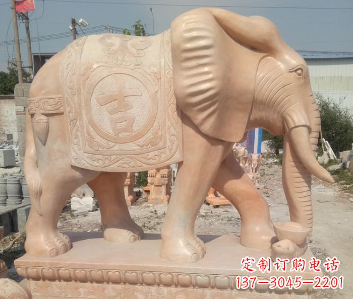 江西晚霞红吉祥如意门口大象石雕 (2)