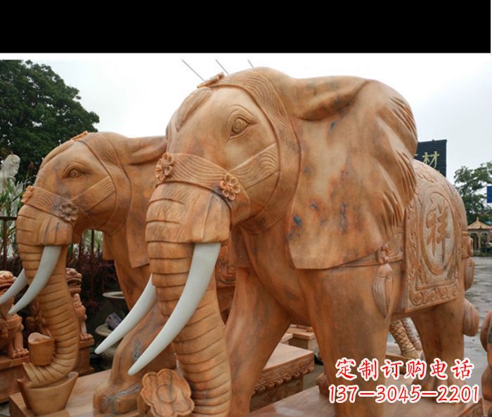 江西晚霞红吉祥如意门口镇宅招财大象石雕 (3)
